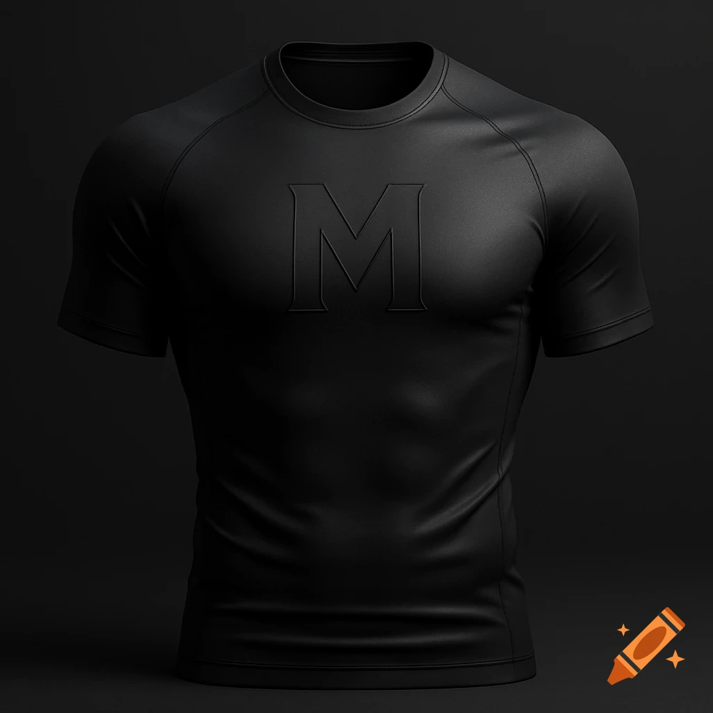 A black compression shirt featuring a subtly embossed 'M' logo on the chest, presented on a dark background.
