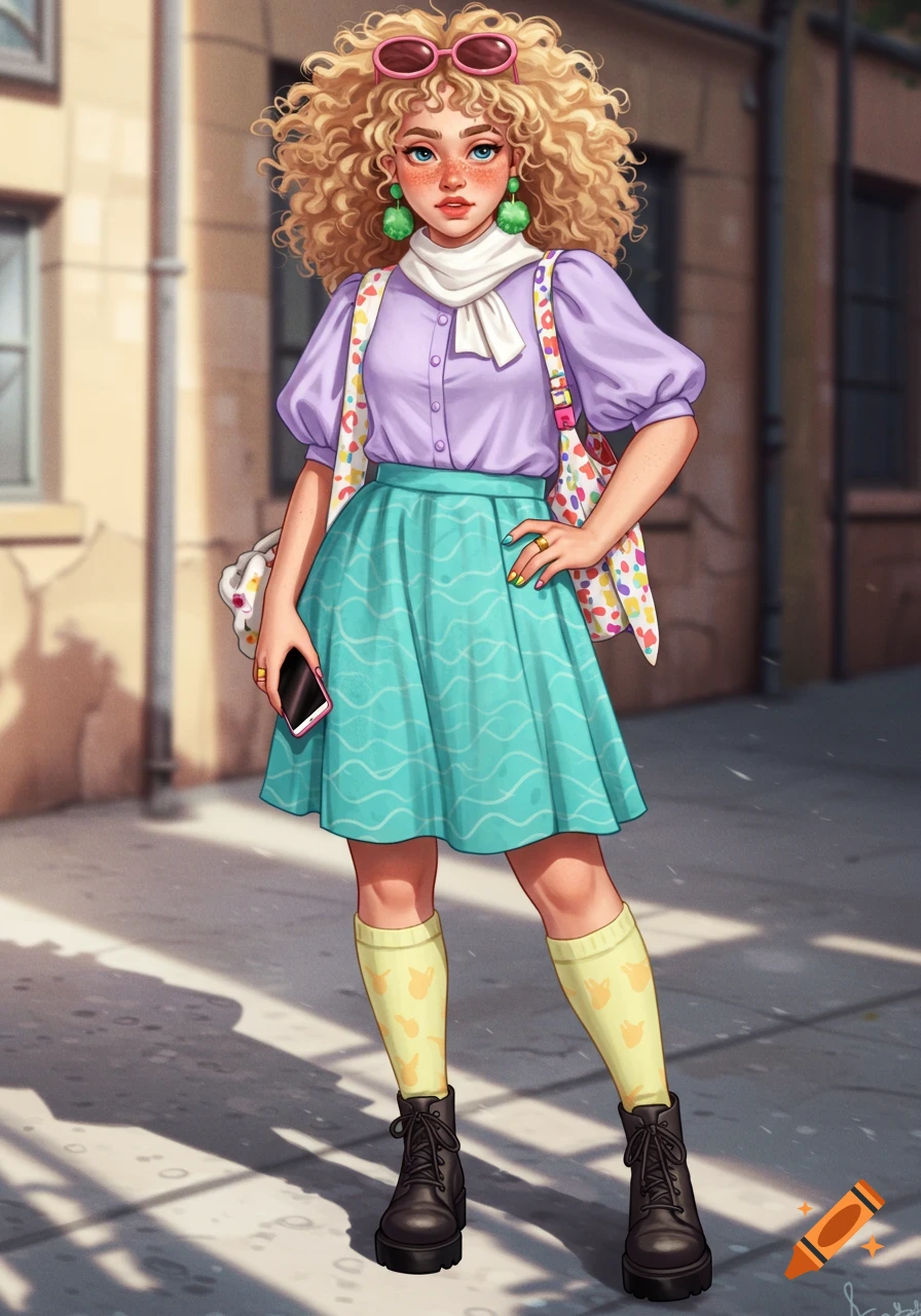 An illustrated young woman with blonde curly hair, pink sunglasses, freckles, and a colorful outfit stands on a sunny street, holding a smartphone.