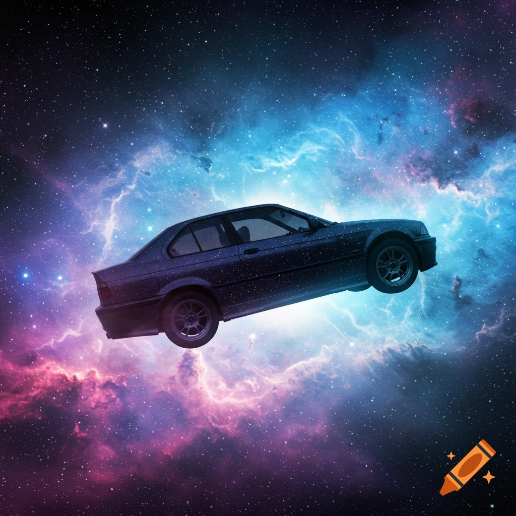 A dark BMW car floats through a colorful nebula in deep space, surrounded by stars.