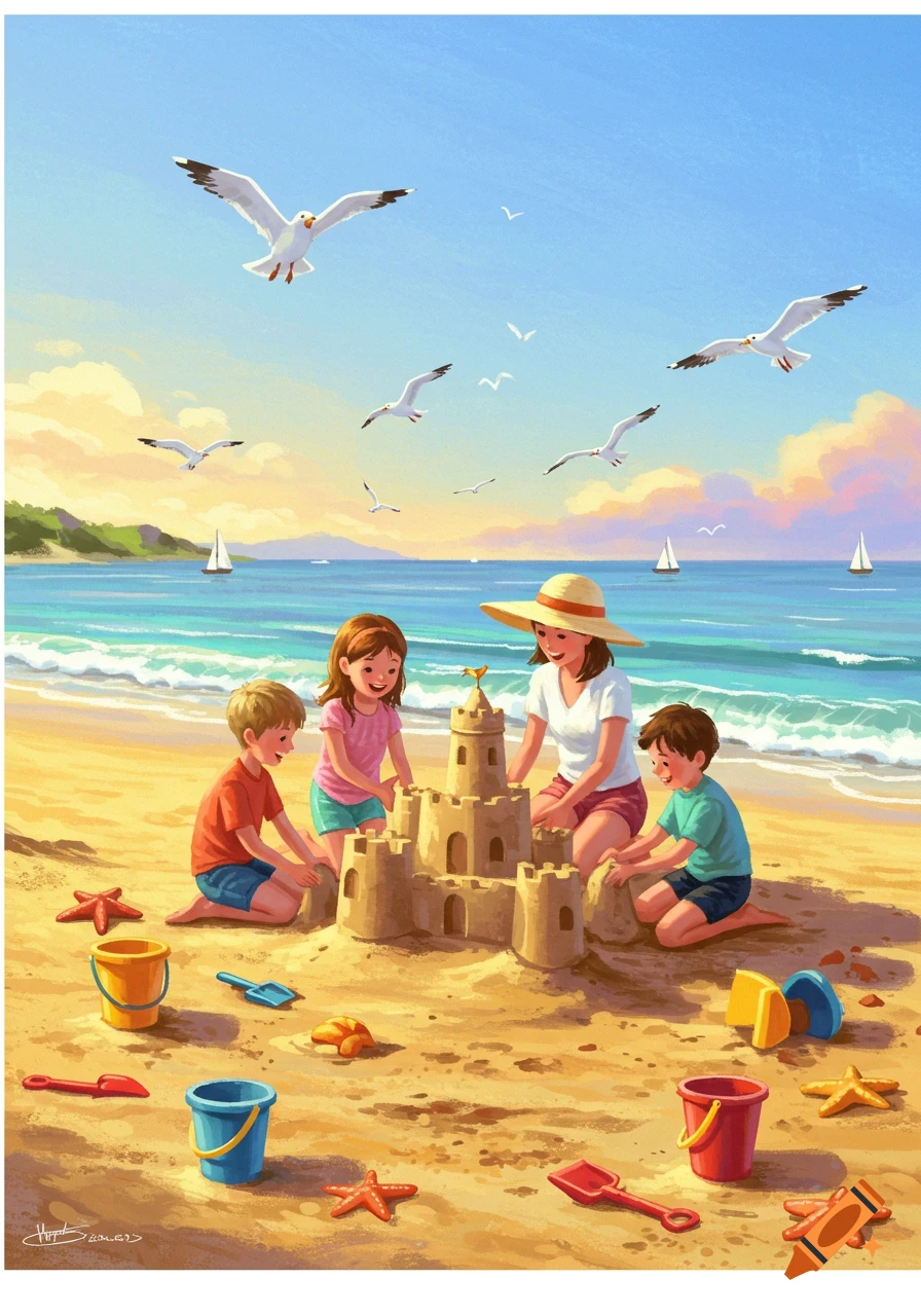 An illustration of a woman and three children building a large sandcastle on a sunny beach with seagulls flying overhead.