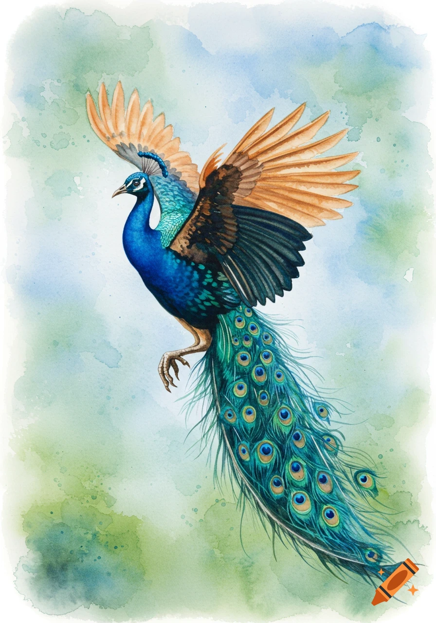A vibrant watercolor painting of a peacock in mid-flight with outstretched golden wings and a long, eye-spotted tail against a soft green and blue background.