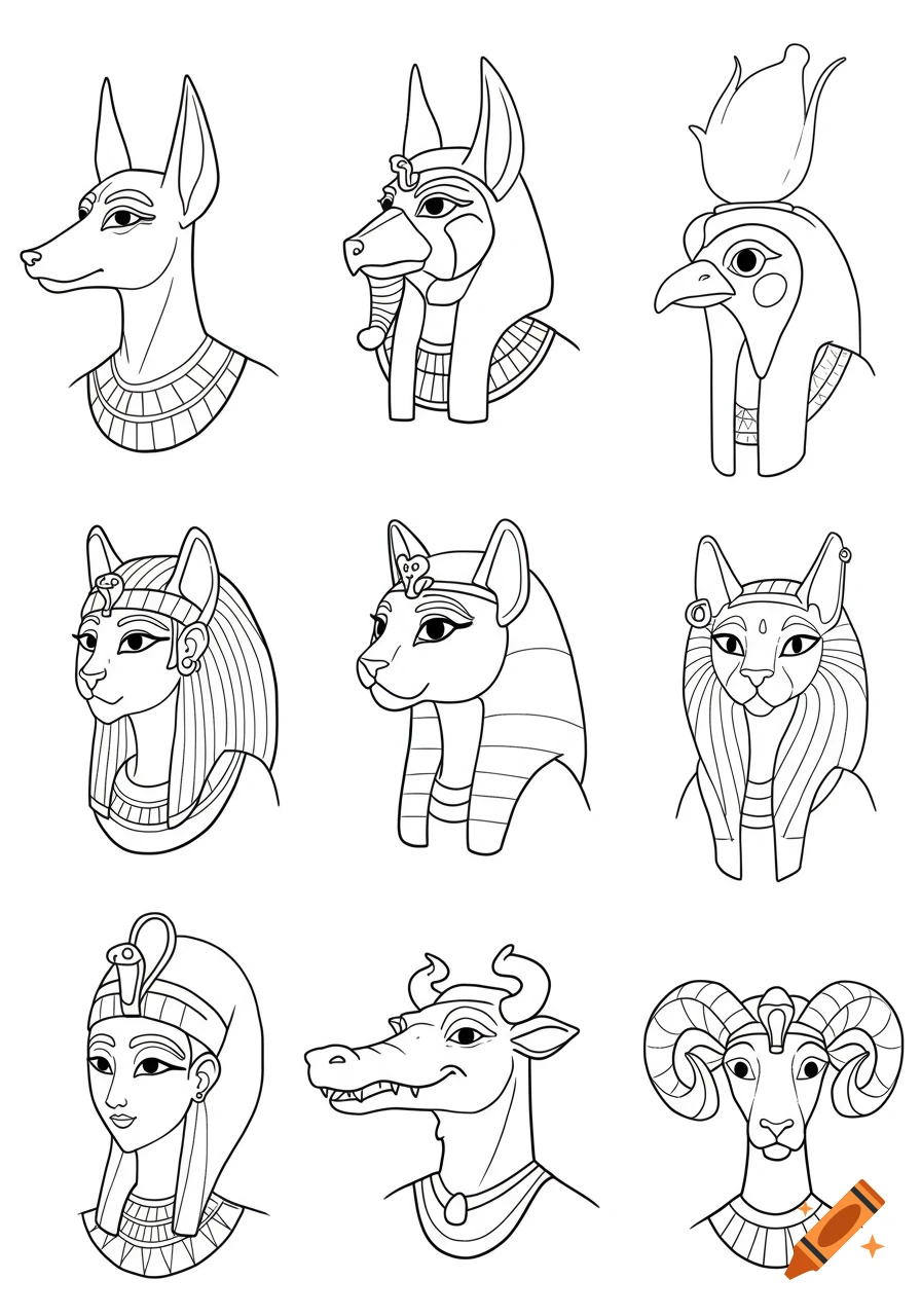 Nine black and white line art illustrations of Egyptian god heads, including Anubis, Horus, Bastet, Sobek, and Khnum, in a simple coloring book style.