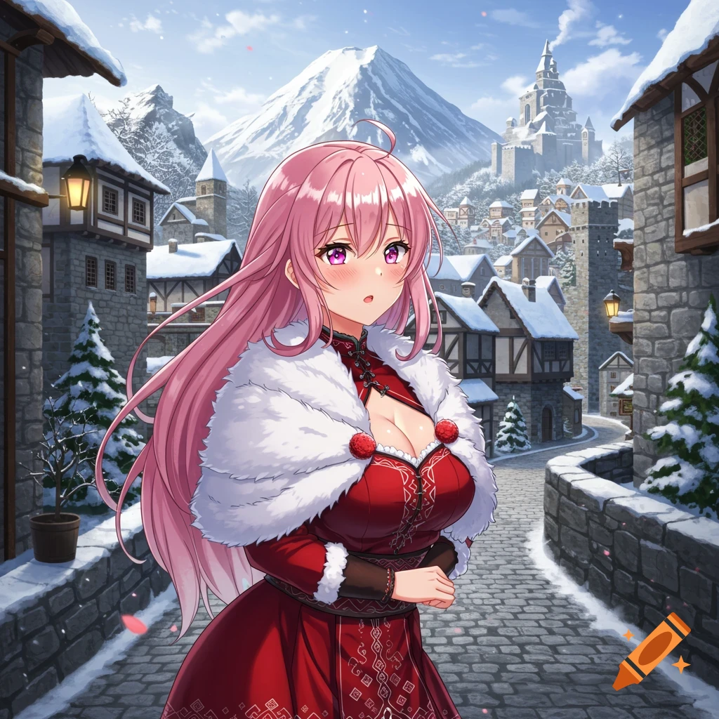Anime woman with pink hair in a red dress and fur shawl on a snowy medieval street, with mountains and a castle.