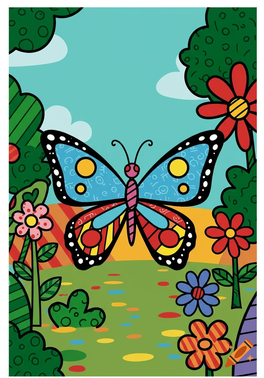 Colorful pop art illustration of a butterfly with patterned wings in a vibrant garden scene with flowers and bushes.
