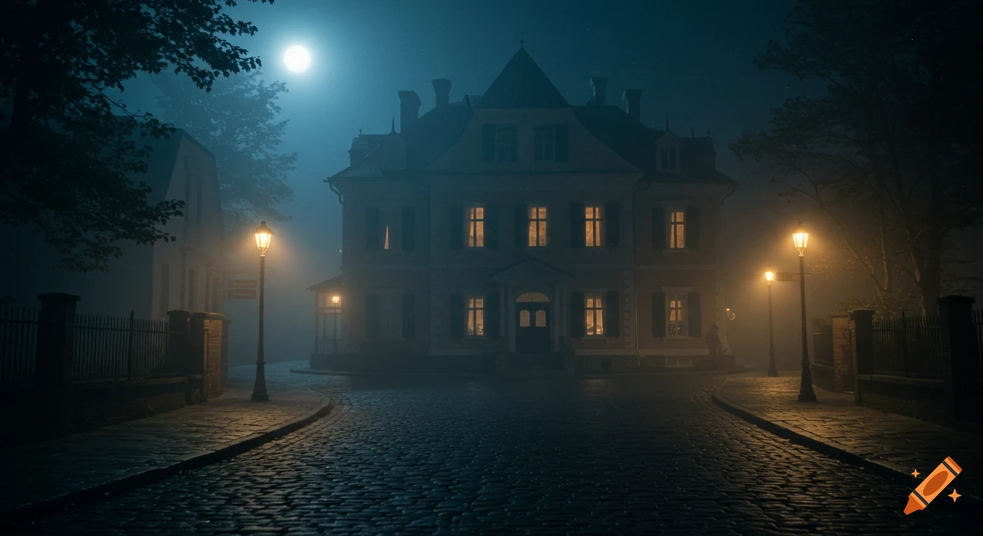 Photorealistic spooky old mansion at night, shrouded in fog under a full moon, with dim lights and cobblestone street.