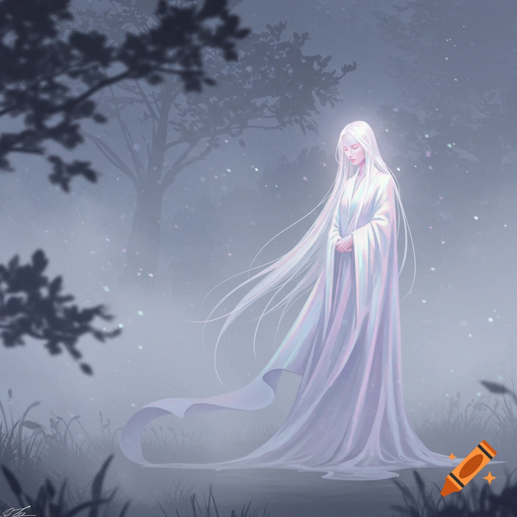 An ethereal woman with long white hair and an iridescent robe stands in a misty forest, digital art.
