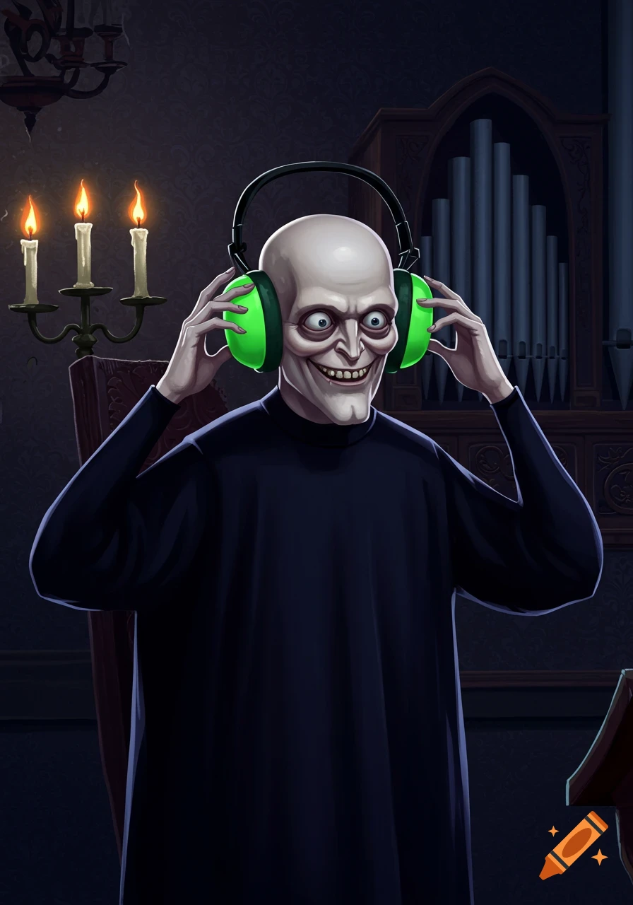 A bald, pale man resembling Uncle Fester with a wide, unsettling smile and wide eyes, wearing neon green ear defenders in a dark room with a candelabra and an organ.