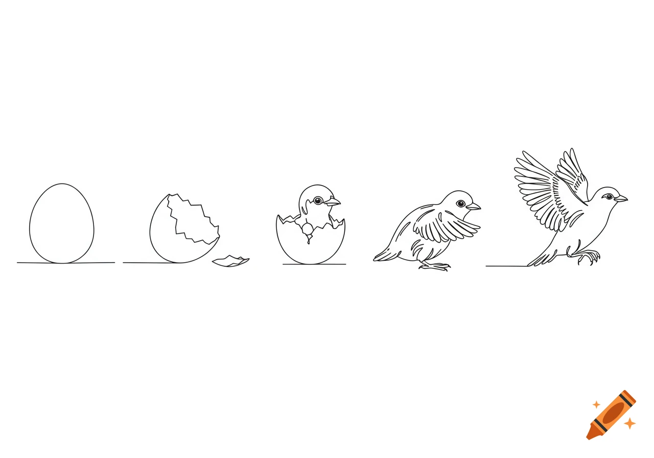 Line art progression of a bird hatching: an egg, a cracked shell, a chick emerging, a bird with open wings, and a bird in flight.