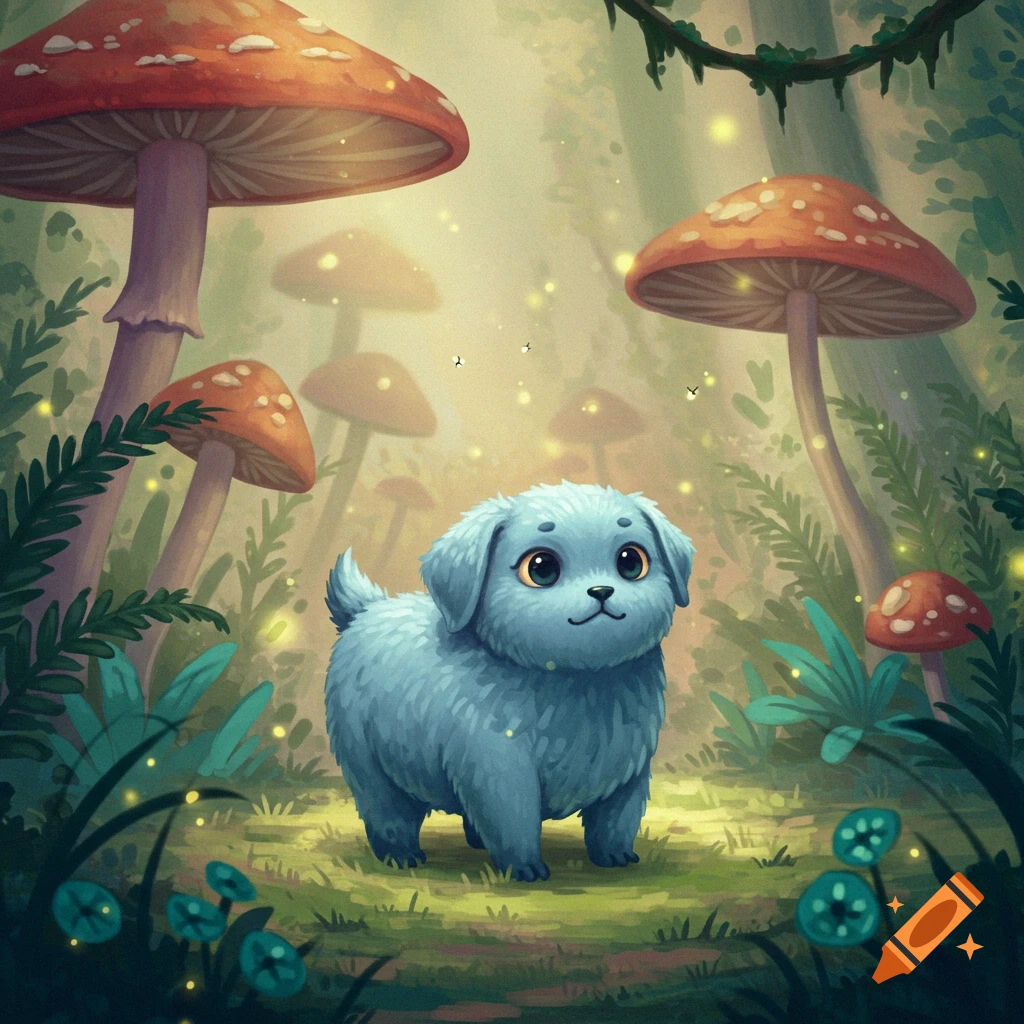 A cute blue, fluffy puppy with big eyes stands in a magical forest filled with large, glowing mushrooms, digital art.