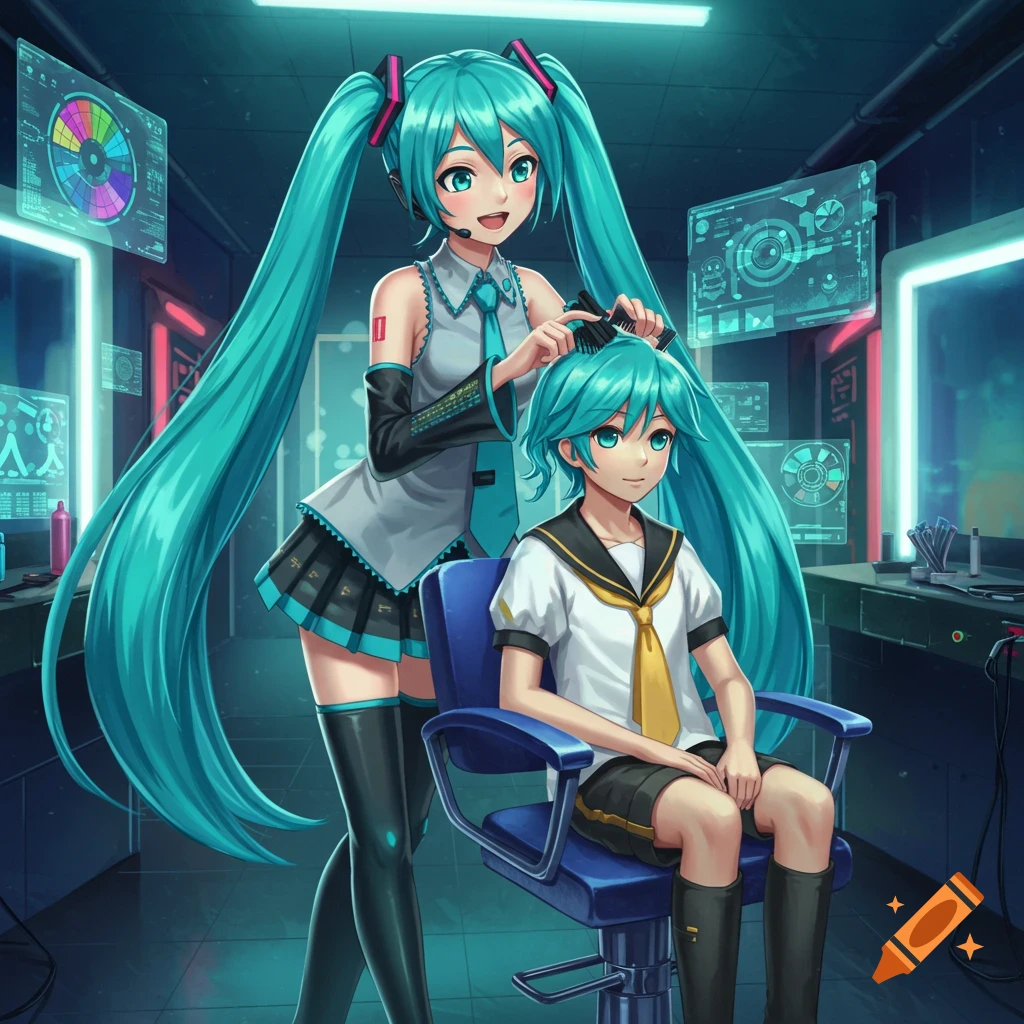 Hatsune Miku combs Kagamine Len's hair in a futuristic salon, anime style.