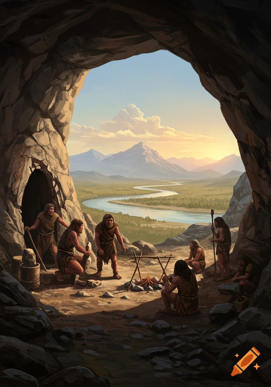 Early humans gathered around a campfire at a cave entrance, overlooking a river valley and distant mountains at sunset, detailed illustration.