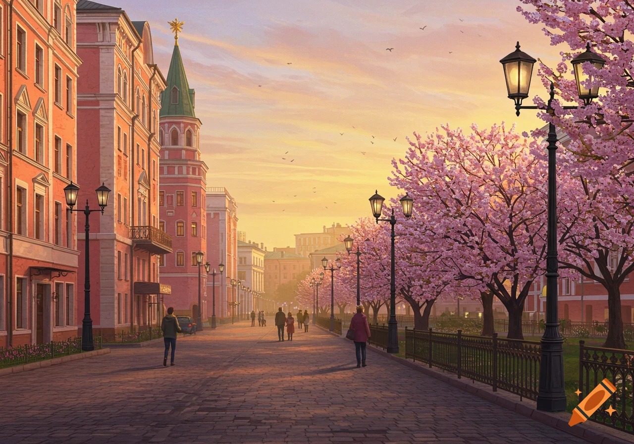 An illustrated Moscow street with pink buildings, blooming cherry trees, and people walking at sunset.