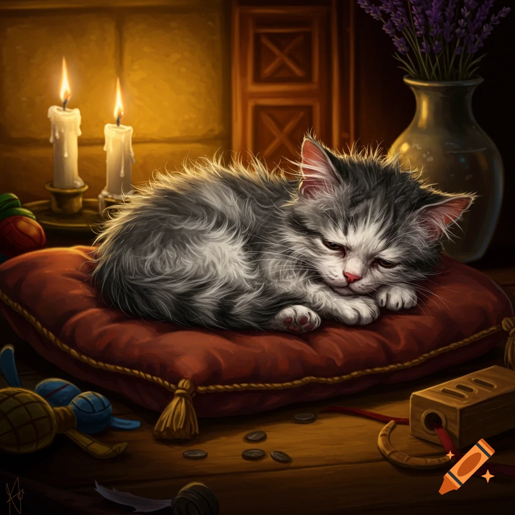 A fluffy grey and white kitten sleeps curled up on a red pillow in a warm, candlelit room with lavender in a vase.