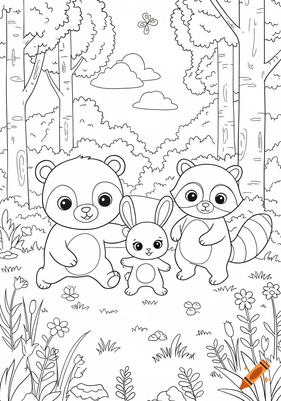 A black and white line art coloring page features a cute bear, rabbit, and raccoon in a forest scene with trees and flowers.