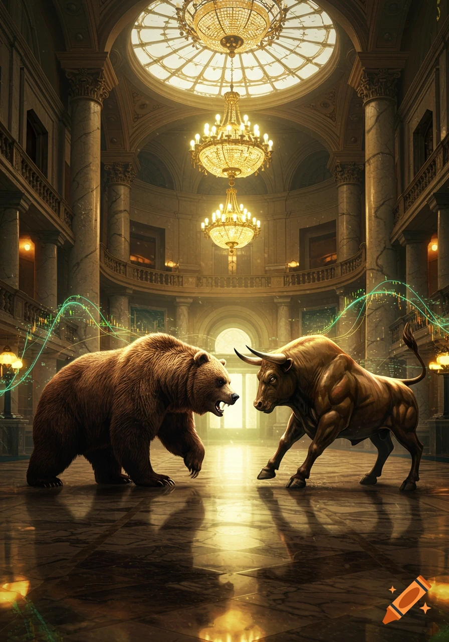 A photorealistic brown bear and a golden bull face off in a grand, ornate hall with chandeliers and green stock market graph lines.