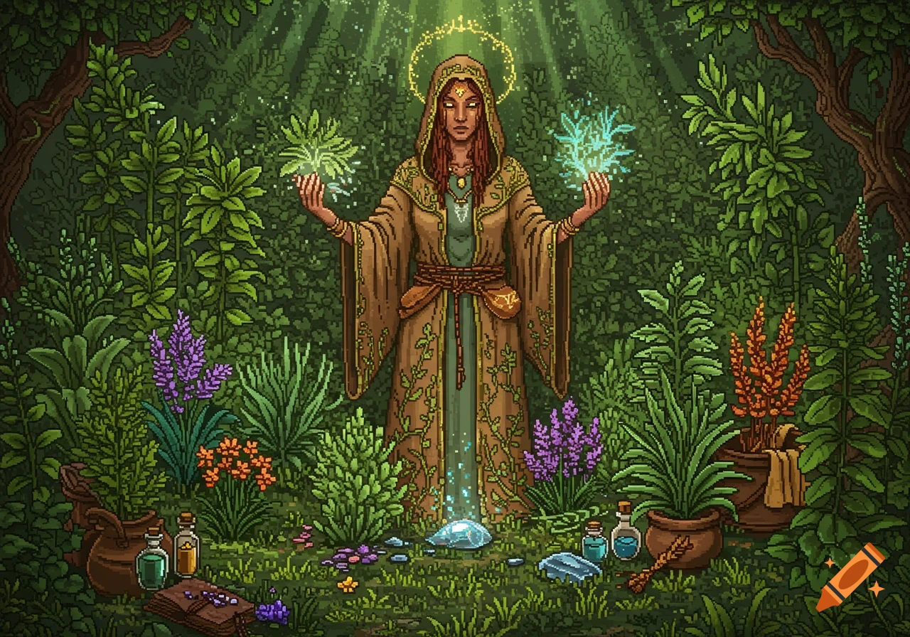 A highly detailed pixel art image of a hooded herbalist or druid standing in a lush forest, holding glowing green and blue plants.