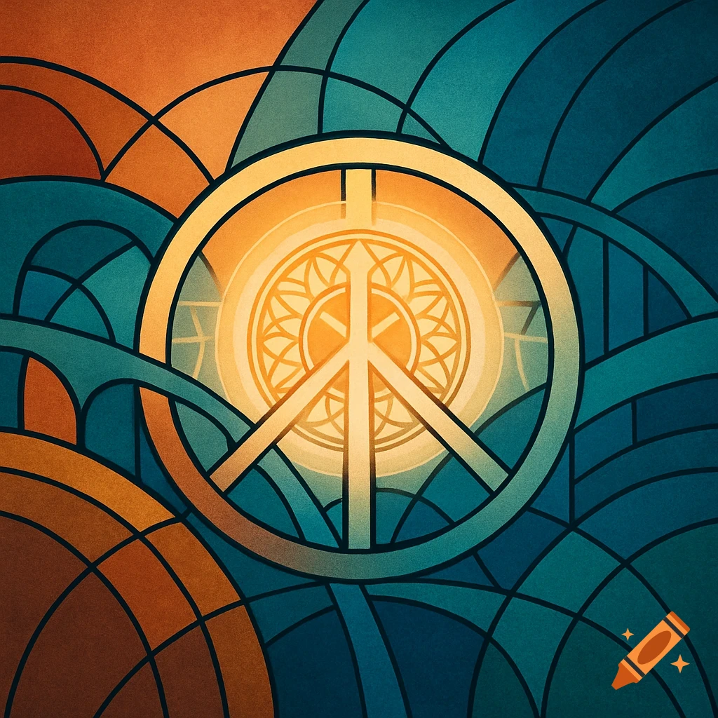 Stylized peace symbol in a stained glass art style, glowing orange at the center with blue and orange geometric patterns.