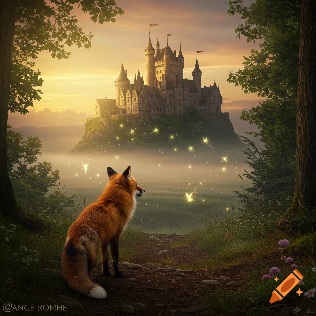 A fox looks towards a majestic fantasy castle on a hill, surrounded by a misty forest with glowing fireflies and fairies at sunset.
