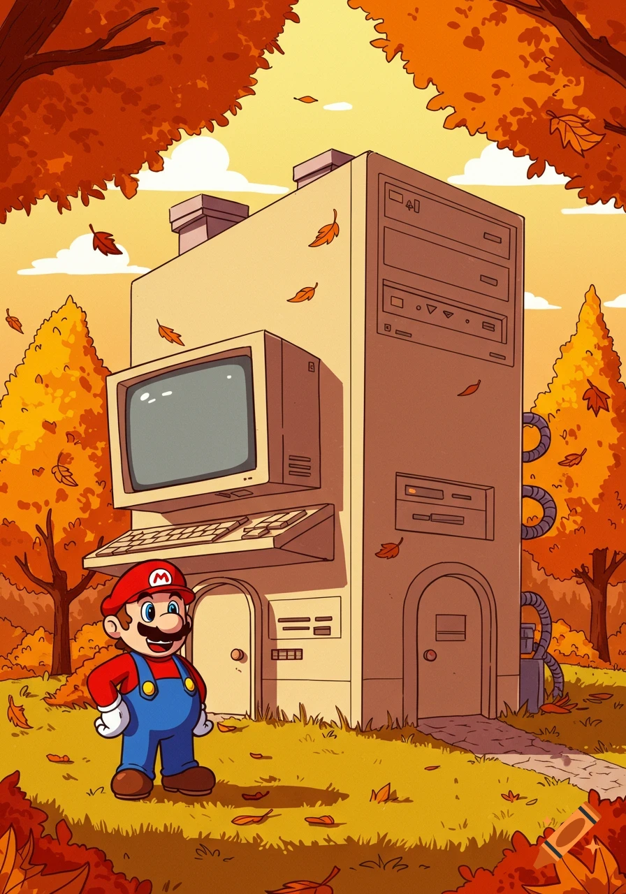 Cartoon Mario stands in an autumn landscape in front of a house shaped like an old beige PC tower.