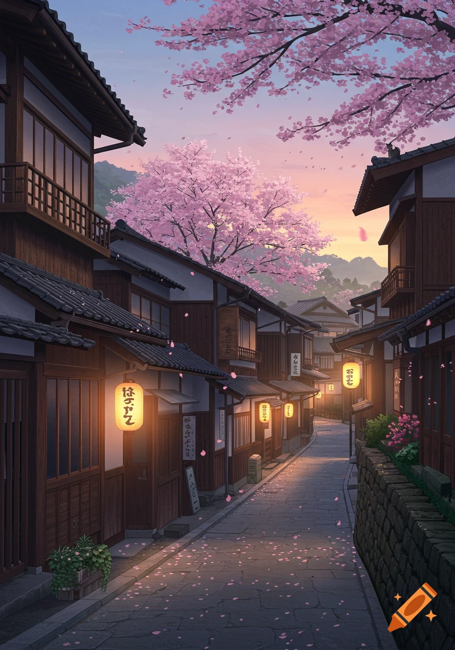 An anime-style Japanese street with traditional wooden buildings and lanterns, illuminated by a warm sunset, with pink cherry blossoms falling onto the stone pavement.