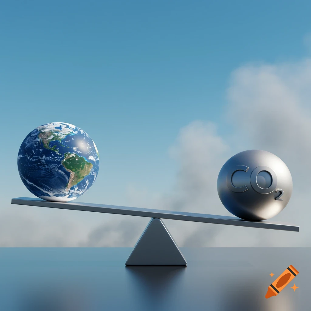 Earth and a metallic CO2 sphere balanced on a seesaw under a blue sky, symbolizing environmental impact.