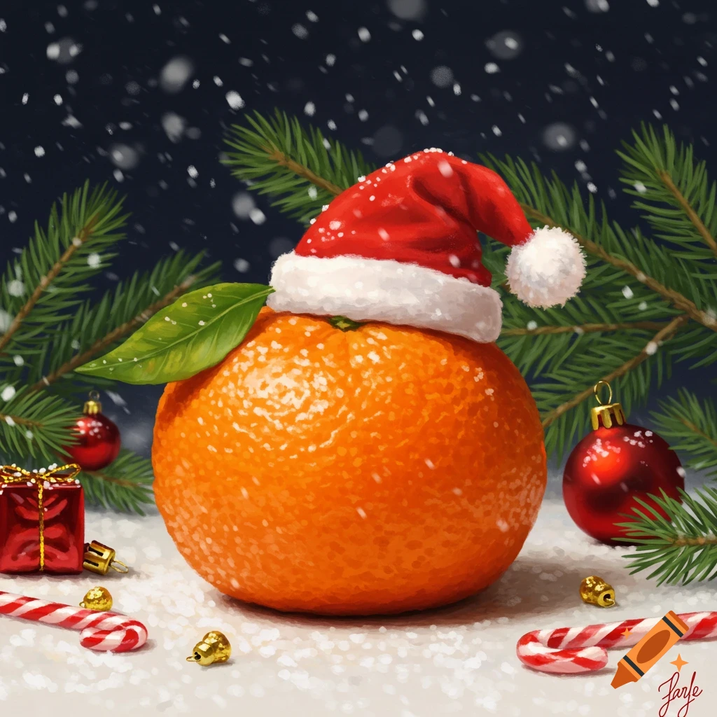 A tangerine wearing a red Santa hat sits on snow, surrounded by pine branches, red ornaments, candy canes, and gift boxes. Digital painting.