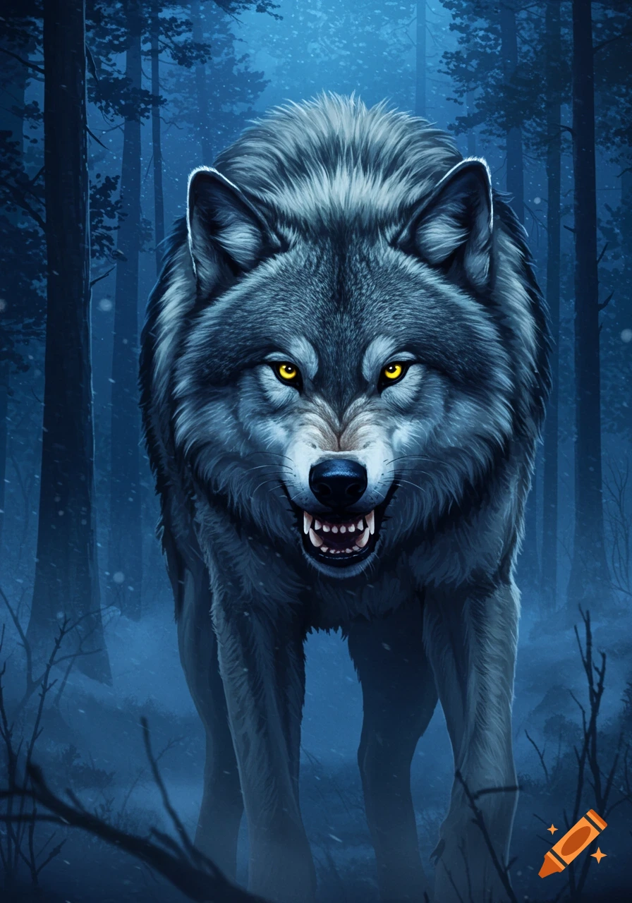 An angry gray wolf with glowing yellow eyes snarls in a dark, snowy forest, depicted in a digital painting style.