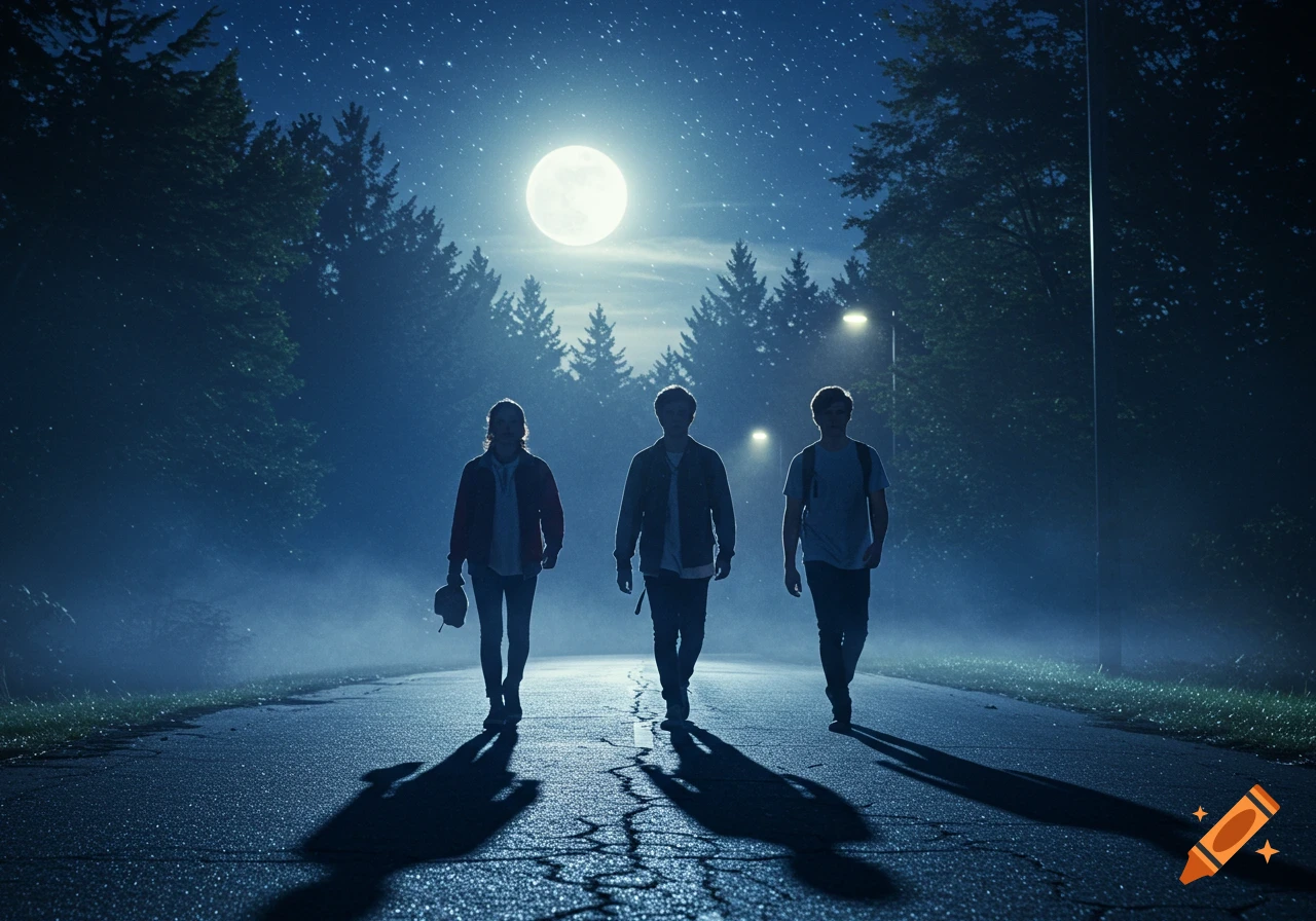 Three people silhouetted against a large full moon, walking on a misty, cracked road through a dark forest at night with streetlights.