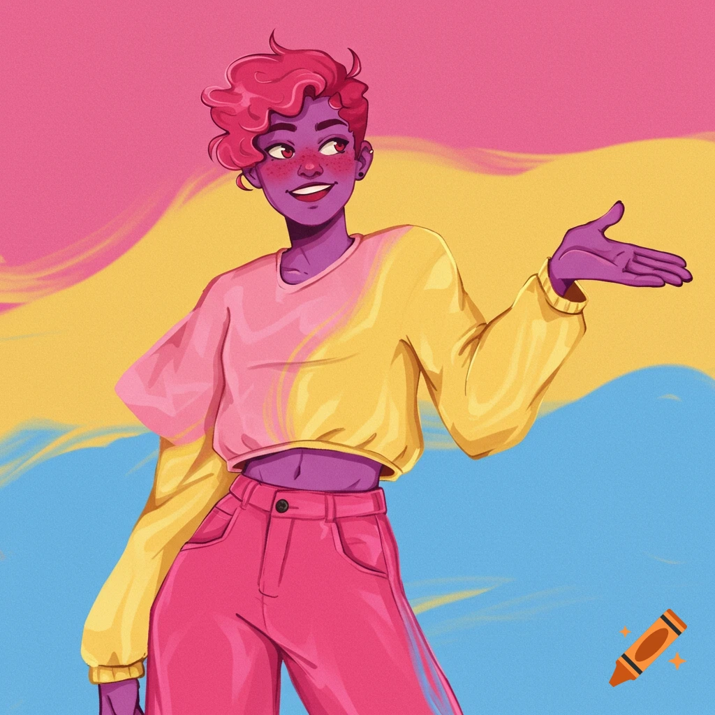 An illustration of a person with purple skin and pink short hair, wearing a pink and yellow top and pink pants, against a pink, yellow, and blue background.