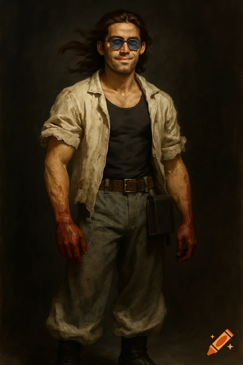 A man with long dark hair and blue sunglasses smiles, wearing a ripped white shirt over a black tank top, grey pants, and black boots, with dark red staining his hands, in a painterly portrait style.