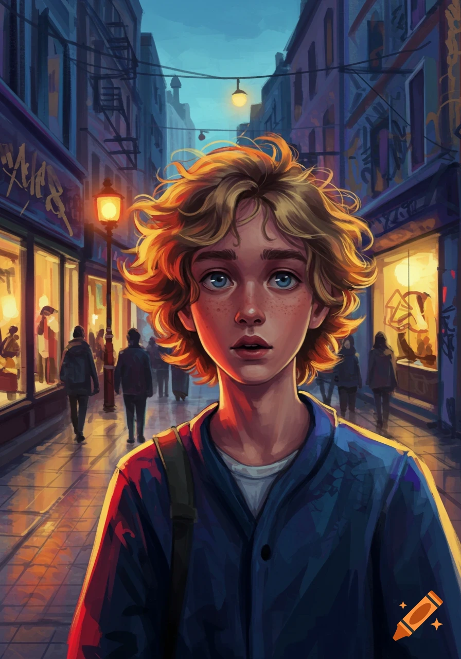Vibrant illustration of a blond, freckled young person with blue eyes looking forward, on a bustling urban street at twilight.