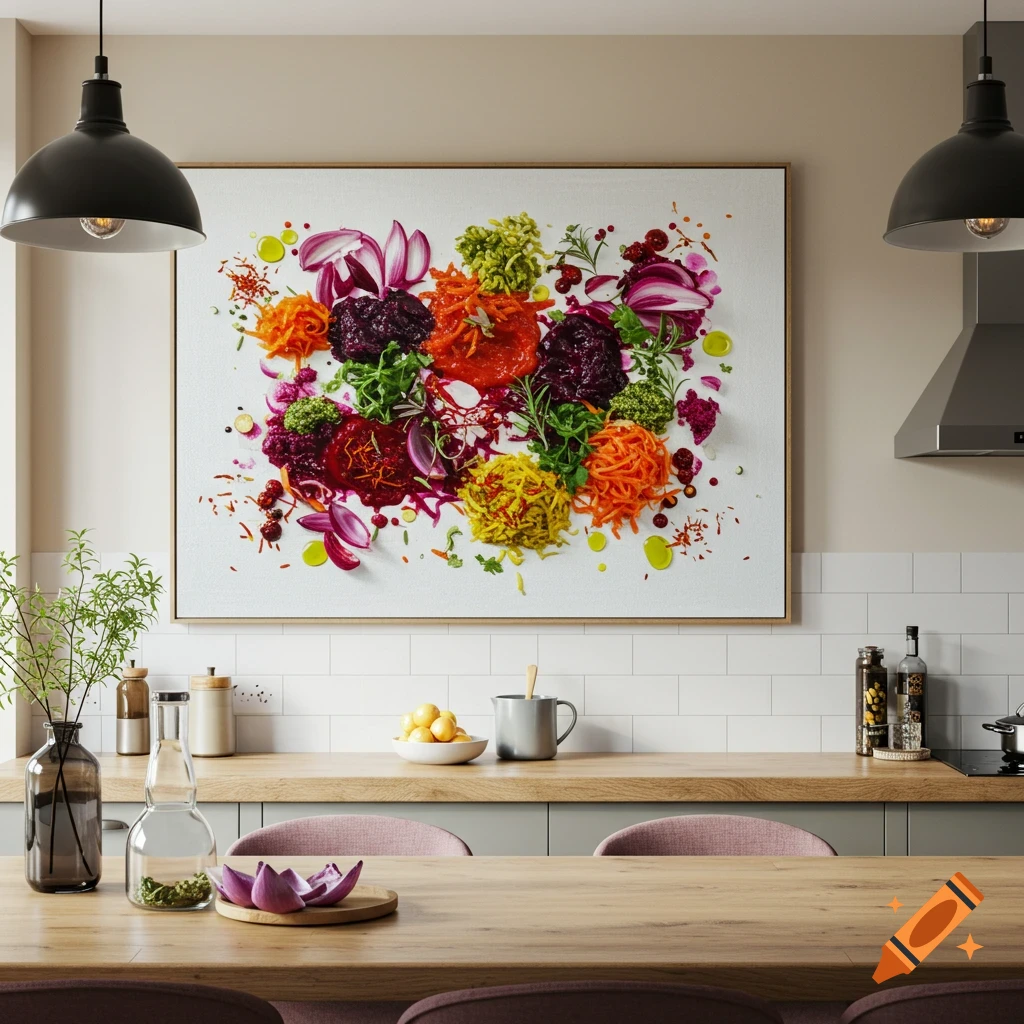 A modern kitchen features a large canvas on the wall with colorful, abstract food art made from various vegetables and ingredients.