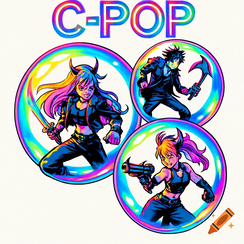 Anime-style K-pop demon hunters in three colorful, iridescent bubbles with 'C-POP' text above them on a white background.