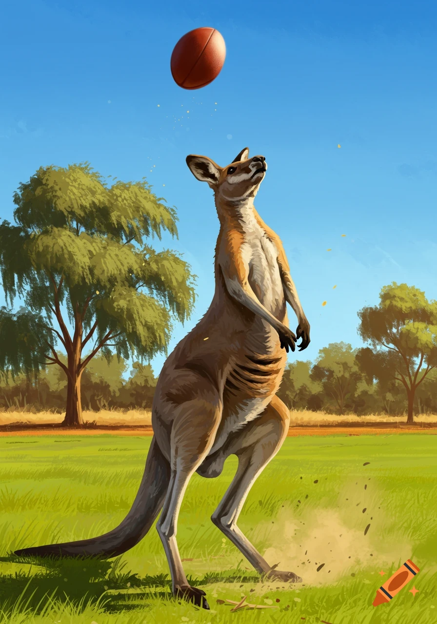 An illustrated kangaroo stands on green grass, looking up at an airborne brown football under a clear blue sky, with trees in the background.