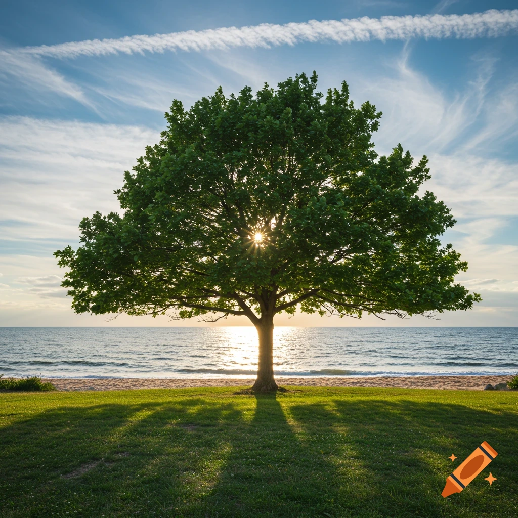 A vibrant green tree stands on a grassy coast by the ocean, with the sun's rays bursting through its leaves at sunset.