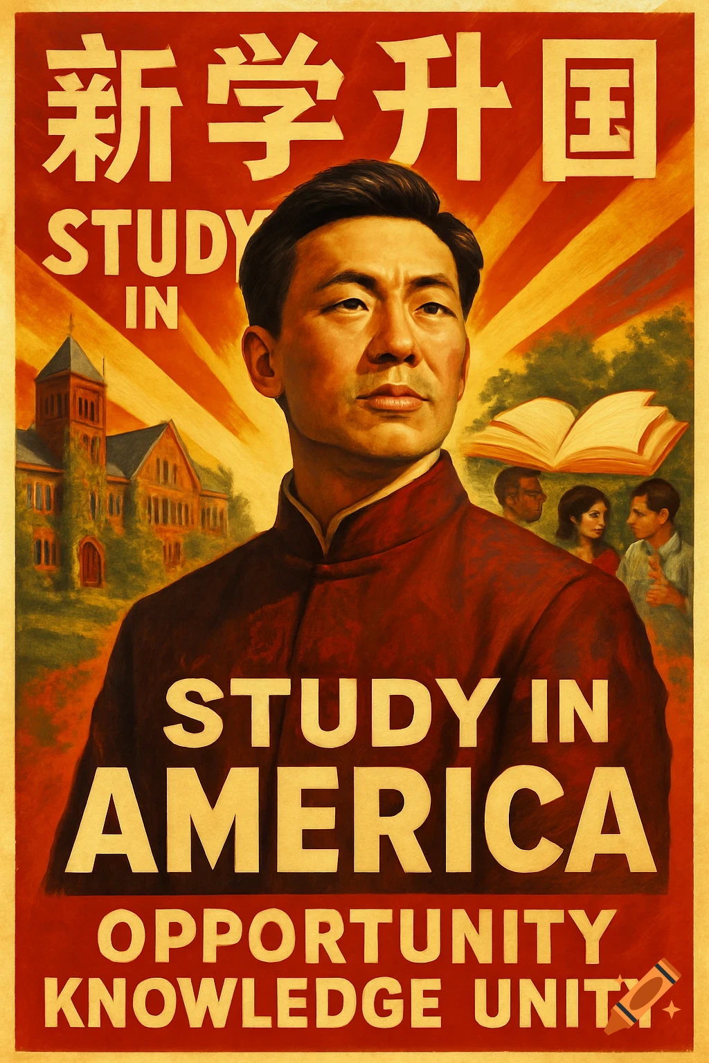 A vintage propaganda poster shows a serious Chinese man in a red jacket, with a university and students in the background. English and Chinese text promotes studying in America.