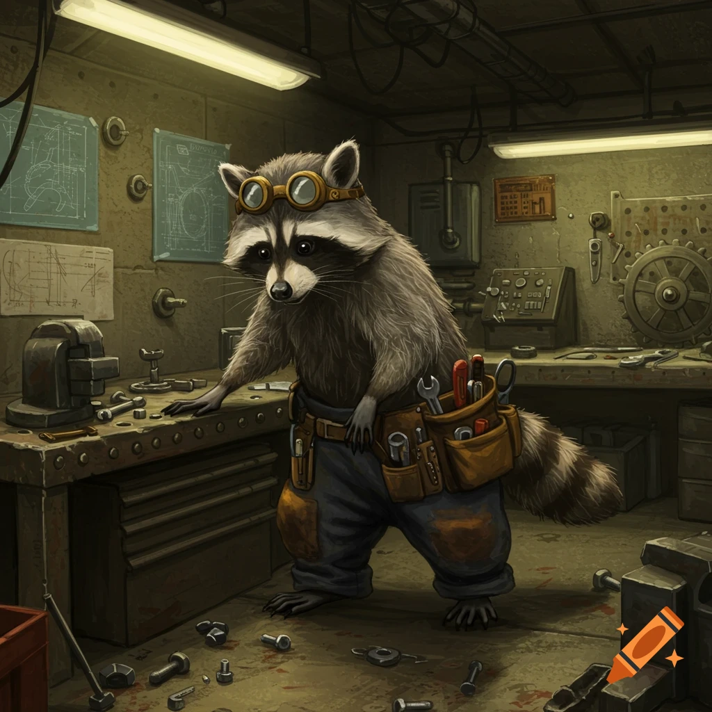 An anthropomorphic raccoon wearing goggles, worker's pants, and a tool belt stands in a mechanical workshop.