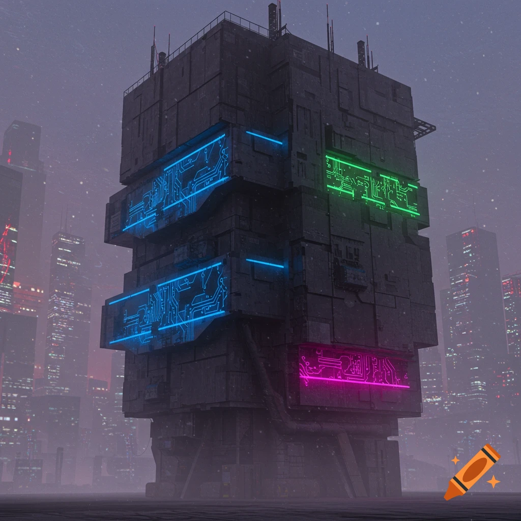 A brutalist-style building with glowing blue, green, and pink circuit patterns on its facade, set against a blurry cyberpunk cityscape.