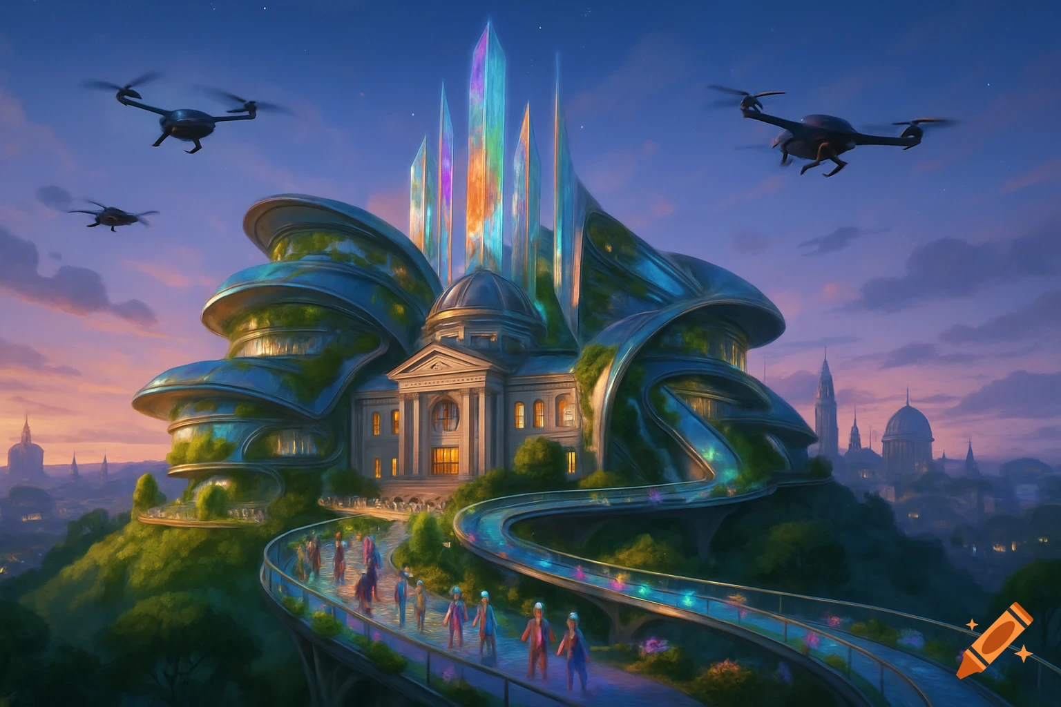 Grand futuristic school building with crystal spires and glowing path, drones fly over a city at dusk.