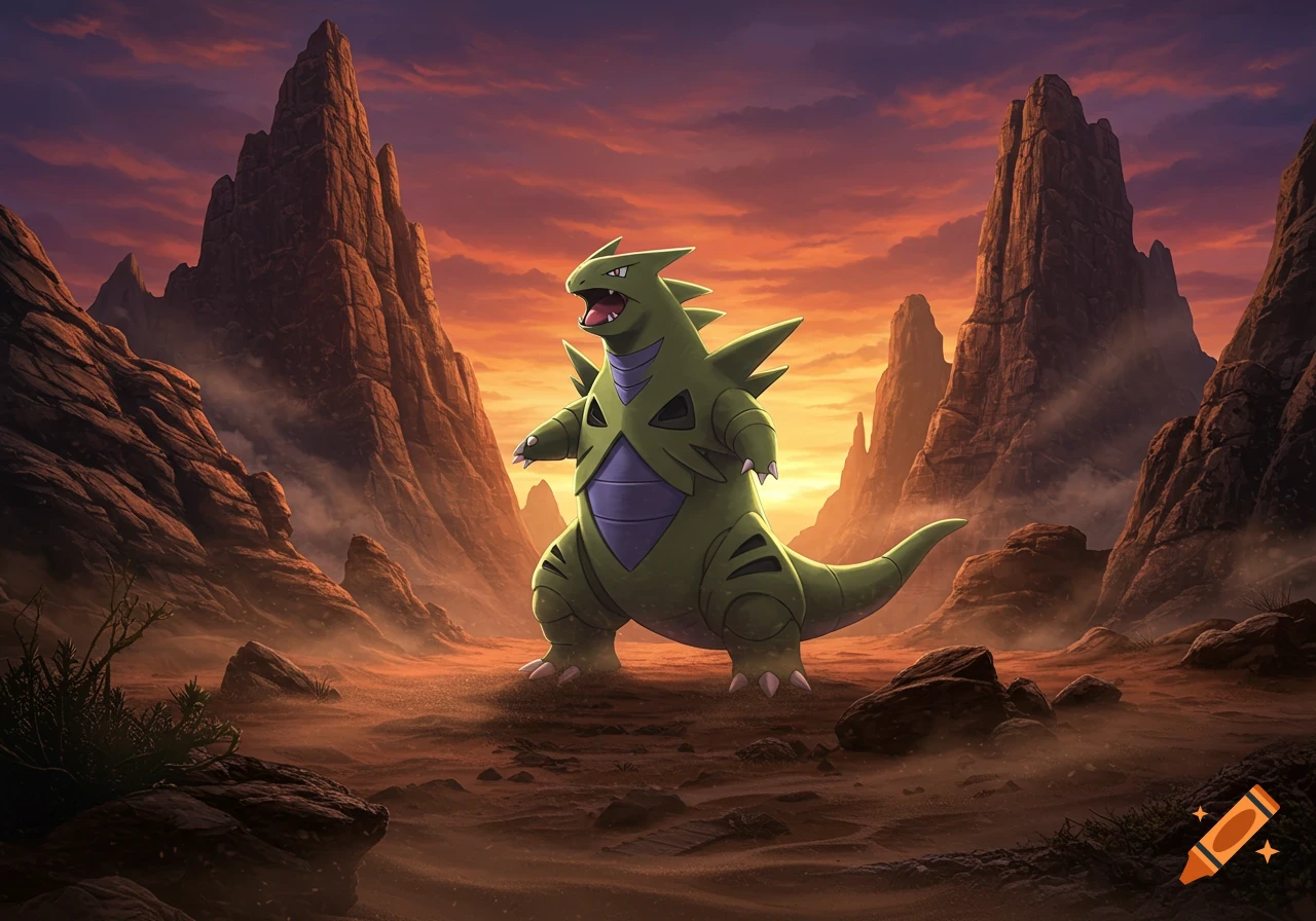 A large green Tyranitar stands powerfully in a rocky desert canyon under a dramatic orange and purple sunset sky.