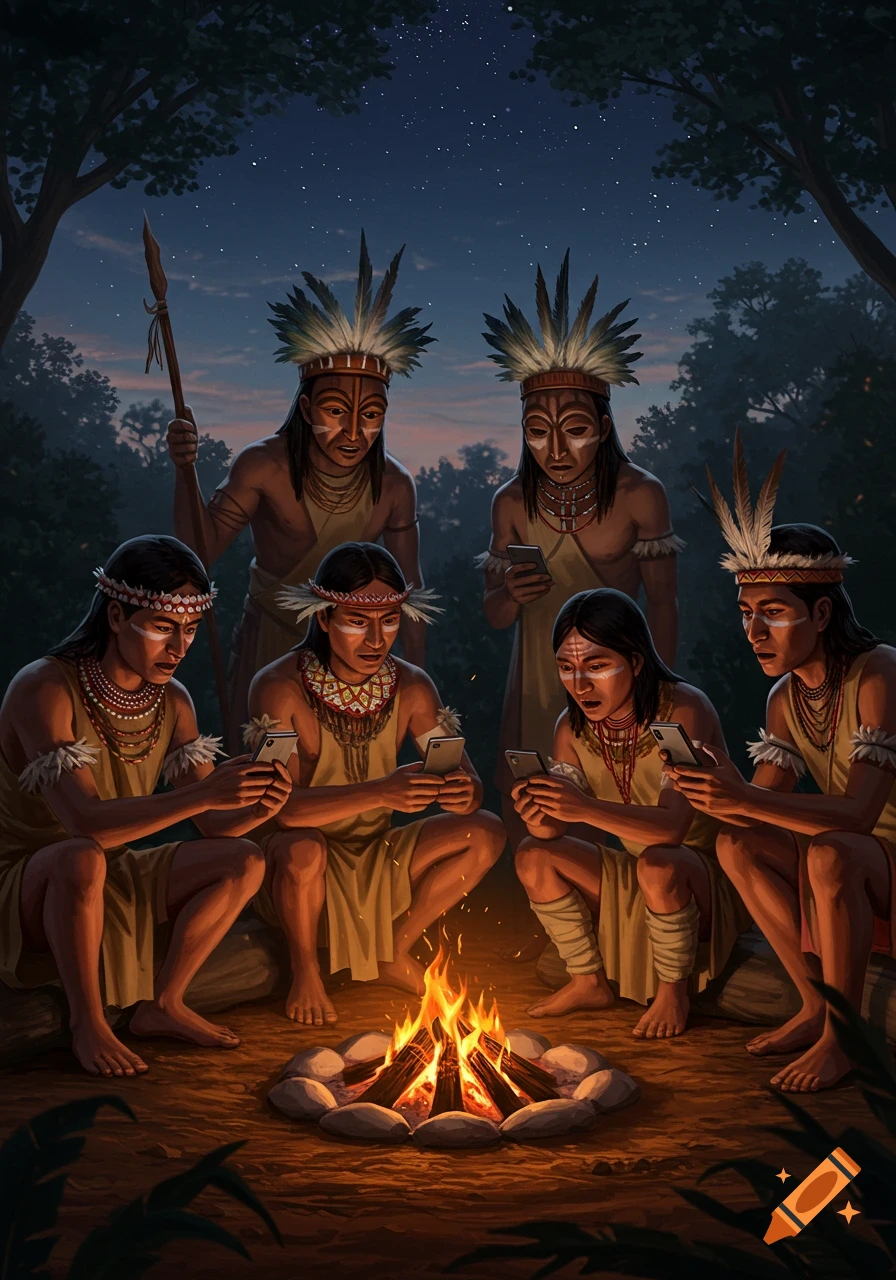 Digital painting of indigenous people in traditional attire sitting around a campfire at night in a forest, all looking at their cell phones.