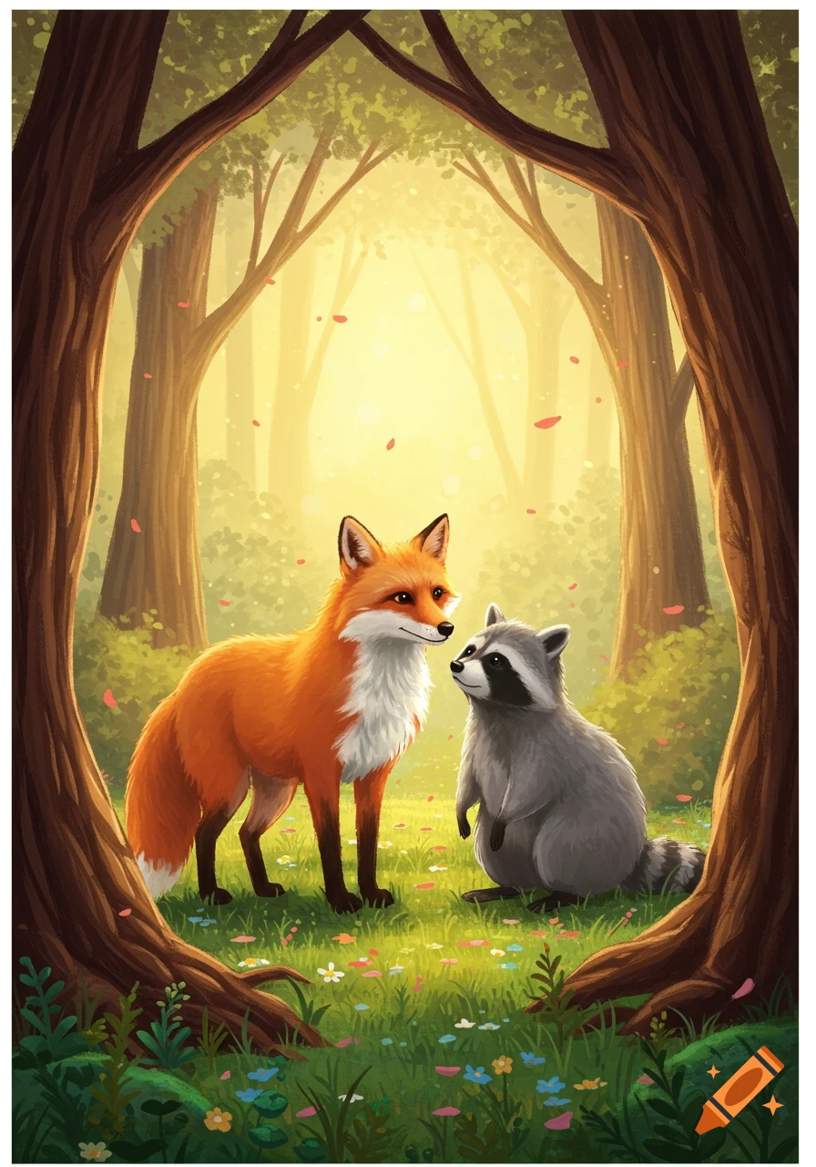 An illustrated fox and raccoon looking at each other in a sunlit forest with wildflowers.