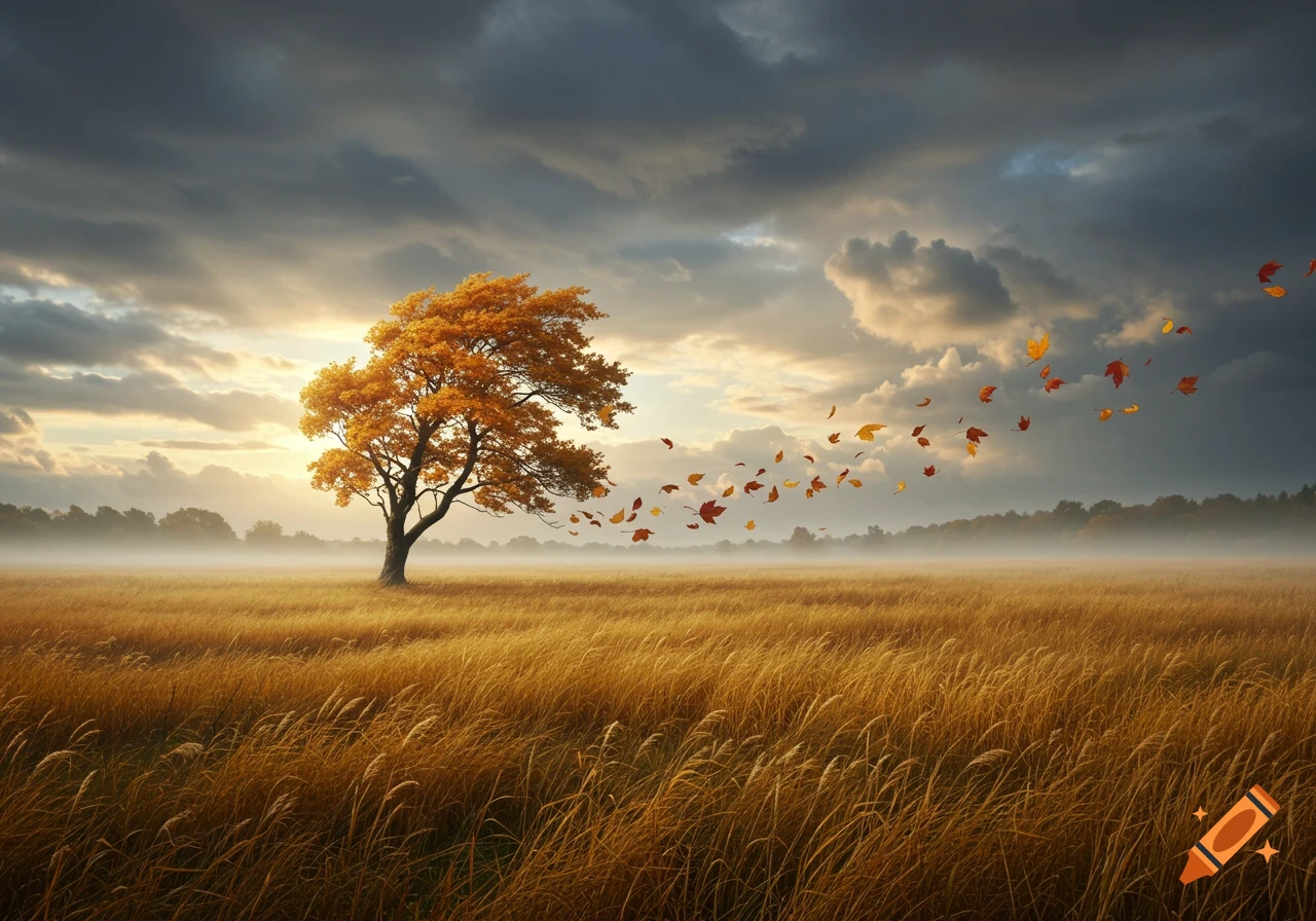 A single autumn tree with golden leaves stands in a vast grassy field as leaves blow in the wind under a dramatic, cloudy sky.