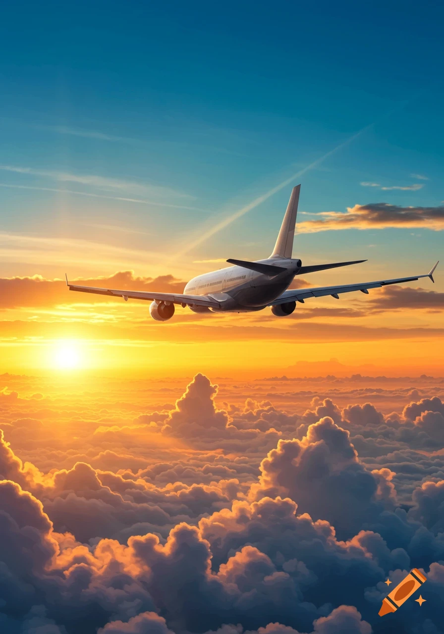 A commercial airplane flies above a sea of clouds during a vibrant sunset, with golden light illuminating the scene.