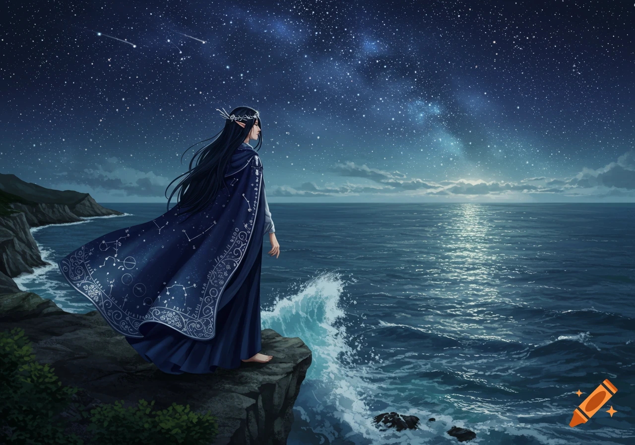 A lone figure with long dark hair and pointed ears, wearing a star-patterned cloak, stands on a cliff overlooking a vast ocean under a starry night sky with shooting stars.