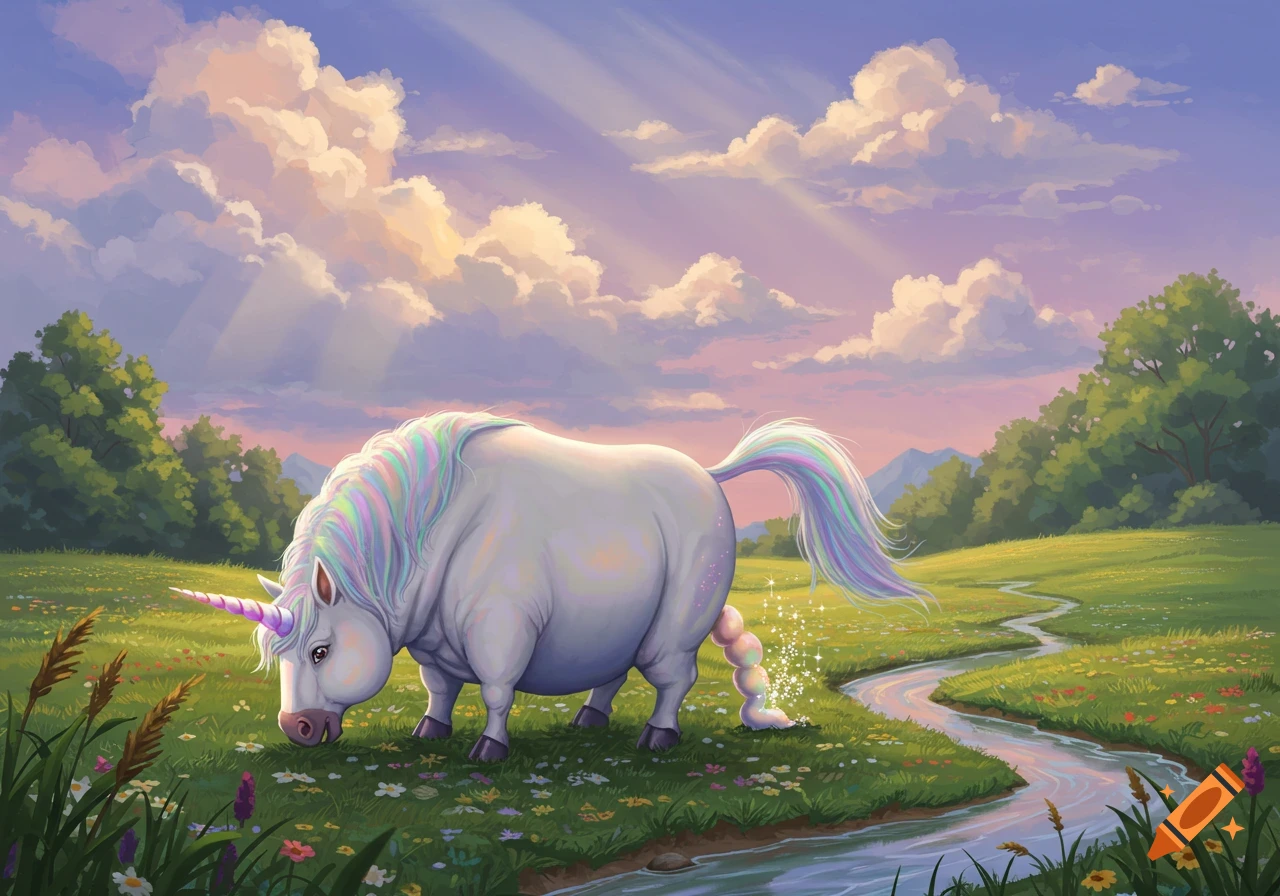 A chubby unicorn with a rainbow mane grazes in a lush meadow beside a stream, pooping colorful sparkles under a pastel sky.