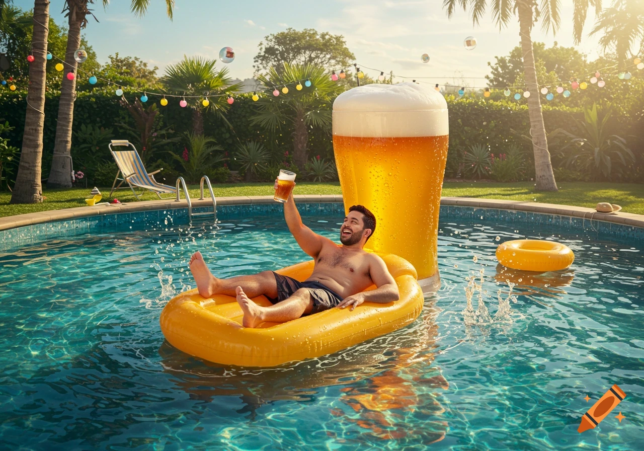 A man on a yellow inflatable raft in a pool, holding a glass of beer, next to a giant beer inflatable. Palm trees and string lights are in the background.
