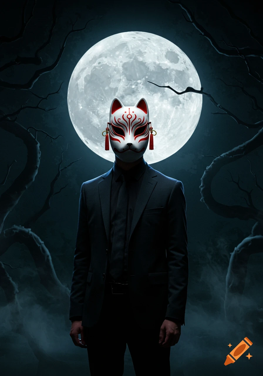 A mysterious figure in a black suit and a white Kitsune mask stands under a bright full moon with dark, twisted trees and mist.