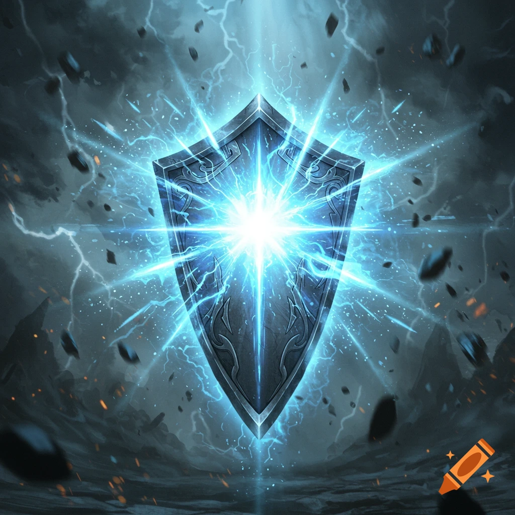 A glowing blue shield radiates energy and lightning amidst a dark, stormy sky with floating rocks, digital painting.