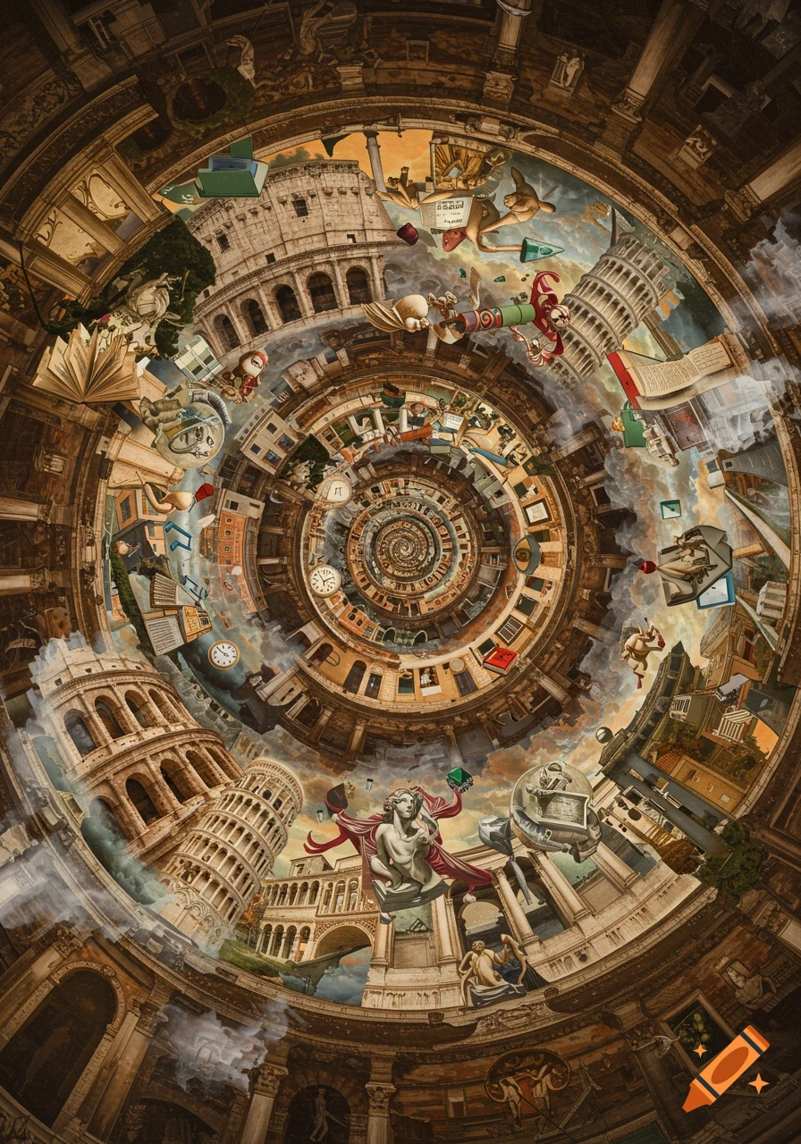 A surreal, spiraling collage of Italian landmarks, classical art, books, and clocks forming a tunnel.